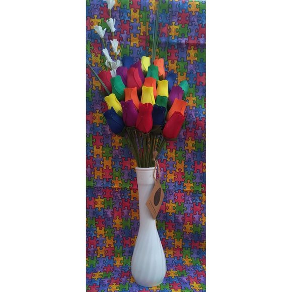 2 Doz Autism Aware Rainbow Wooden Roses Flower Bouquet. The Original Wooden Rose - Picture 2 of 8